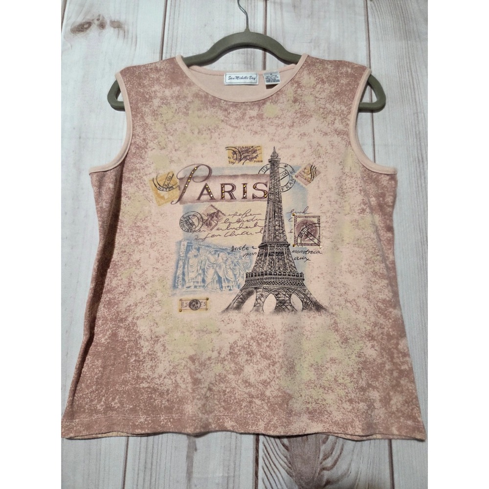 San Michelle Bay Paris Eiffel Tower Graphic Tank Top Pink Tan Studded‎ Womens M